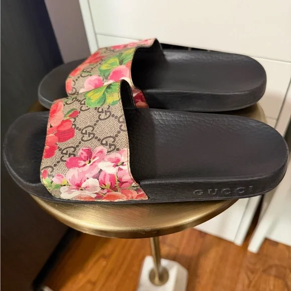 Gucci GG Canvas Floral Slide Sandals - Black with Pink and Green - Picture 2 of 4